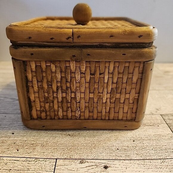 Woven Wooden Box with Lid Square Trinket 4" - Picture 4 of 9